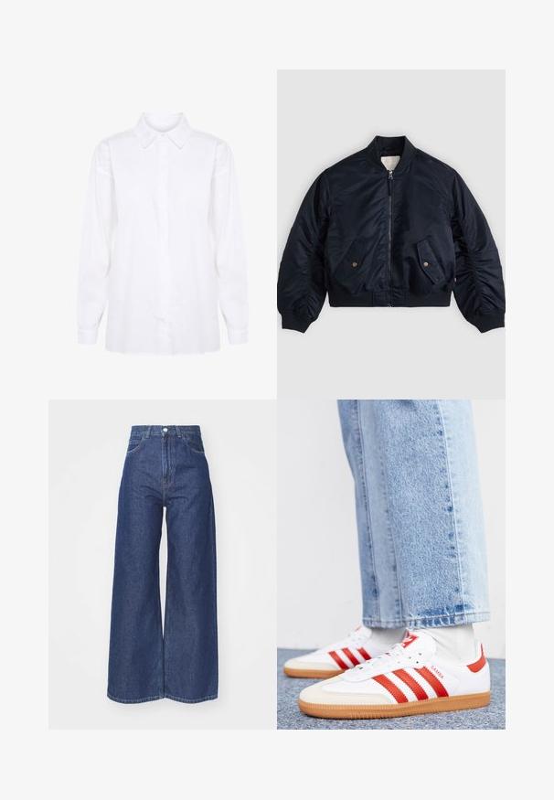 Veste bomber bleu marine avec fermeture éclair frontale, deux poches à rabat inclinées avec boutons, col, poignets et ourlet côtelés, posée à plat.; Chemise blanche à manches longues en coton, dotée d'un col classique et d'une fermeture à boutons, avec des manches longues et une coupe droite au bas.; Jean large en denim bleu foncé. Conception taille haute avec fermeture éclair et bouton. Présente une coupe classique à cinq poches et des bords ourlés.; Baskets en cuir blanc avec des rayures et des accents rouges. Dotées d'une semelle extérieure en gomme texturée et d'un col rembourré. Portées avec un jean en denim bleu clair.