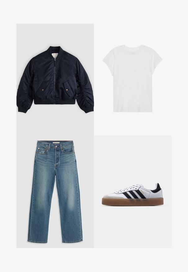 Cazadora bomber azul marino con cremallera frontal, dos bolsillos con solapa inclinada y botones, cuello, puños y cintura de canalé, extendida sobre una superficie.; Camiseta blanca de manga corta con cuello redondo, corte relajado, hecha de suave tela de algodón. Textura lisa, sin estampados ni logotipos.; Jeans de mezclilla azul claro con corte recto. Las características incluyen una cinturilla cosida, cinco bolsillos y desvanecimiento visible.; Zapatillas de cuero blancas con rayas negras, suela de goma, puntera redonda, cierre de cordones y caperuza de ante gris suave.