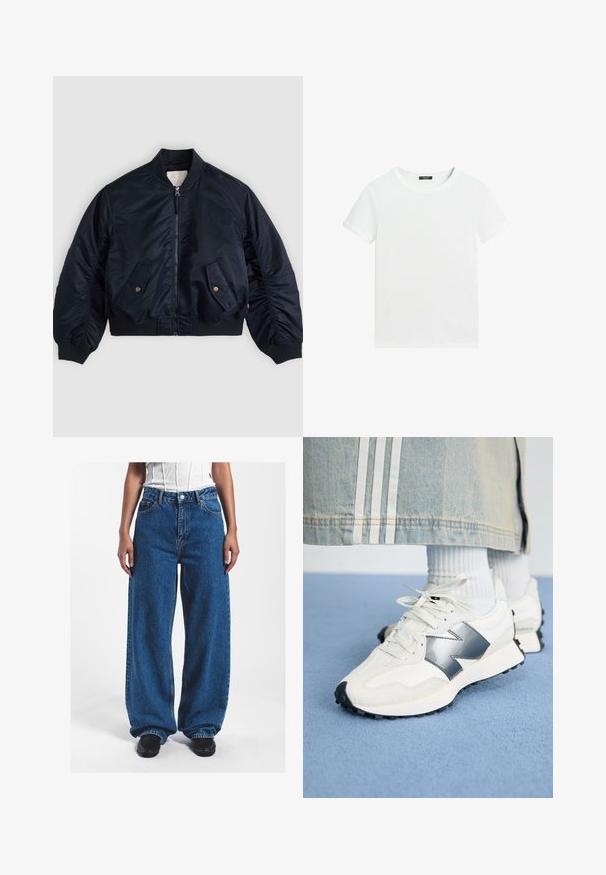 Marineblauw bomberjack met ritssluiting aan de voorkant, twee schuine klepzakken met knopen, geribde kraag, manchetten en tailleband, plat neergelegd.; Effen wit T-shirt met korte mouwen, een ronde hals en een klein zwart labeltje aan de binnenkant van de kraag.; Wijdvallende blauwe denim jeans met een hoge taille, voorzien van een knoopsluiting, voorzakken en een licht vervaagde textuur.; Witte sport sneakers met een zilveren accent, textiel en glad leer; met een zwarte rubberen zool en veters.