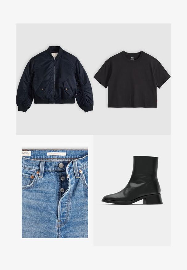 Cazadora bomber azul marino con cremallera frontal, dos bolsillos con solapa inclinada y botones, cuello, puños y cintura de canalé, extendida sobre una superficie.; Camiseta negra corta de manga corta con cuello redondo y pequeña etiqueta roja de Levi's en la costura lateral, colocada plana sobre un fondo gris claro.; Jeans de mezclilla azul claro con corte recto a la altura del tobillo. Incluye cinco bolsillos, dos botones de metal y costuras naranjas visibles. Etiquetas presentes.; Botín negro de tobillo hecho de cuero brillante, con un diseño elegante, punta afilada y un tacón bloque moderado para mayor estabilidad.