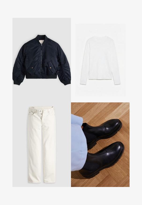 Cazadora bomber azul marino con cremallera frontal, dos bolsillos con solapa inclinada y botones, cuello, puños y cintura de canalé, extendida sobre una superficie.; Camiseta blanca lisa de manga larga con cuello redondo, extendida sobre una superficie blanca, mostrando el frente y la longitud completa de la manga.; Vaqueros blancos de talle alto con pierna recta, cremallera de botones, bolsillos delanteros y traseros, y remaches de cobre visibles en las esquinas de los bolsillos.; Botas negras de tobillo hechas de cuero suave con paneles laterales elásticos, una suela de goma texturizada y costuras en contraste a lo largo del borde.