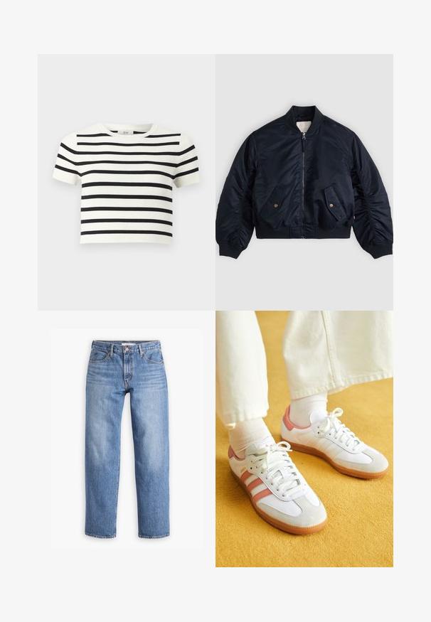Marineblauw bomberjack met ritssluiting aan de voorkant, twee schuine klepzakken met knopen, geribde kraag, manchetten en tailleband, plat neergelegd.; Witte cropped top met korte mouwen, horizontale zwarte strepen en een ronde hals.; Lichtblauwe denim jeans met een rechte pasvorm, vijf zakken en een ritssluiting. De stof heeft een klassieke textuur met een lichte vervaging.; Witte sportschoenen met roze accenten, gemaakt van suede en leer, met een ronde neus en een rubberen zool, weergegeven met lichtgekleurde sokken op een gele achtergrond.