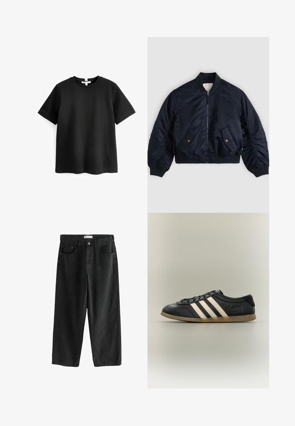 Cazadora bomber azul marino con cremallera frontal, dos bolsillos con solapa inclinada y botones, cuello, puños y cintura de canalé, extendida sobre una superficie.; Camiseta negra de manga corta hecha de algodón. Cuello redondo con dobladillo recto y sin patrones ni gráficos visibles. Textura suave y lisa.; Pantalones vaqueros negros de pierna ancha, fabricados en denim, con cintura alta, diseño de cinco bolsillo y cierre de botón y cremallera en la parte delantera.; Zapatilla Adidas Gazelle negra con rayas blancas, cordones negros y suela marrón claro, mostrada en perfil lateral sobre fondo neutro.