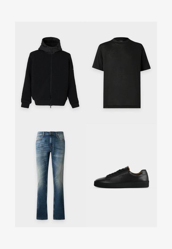 Musthave musta kapuutsiga, millel on soonikpind, sile kapuuts ja nöör. Omab pikki varrukaid ja elastseid puusaosa. Ees on tõmblukuga sulgemine.; Must lühikeste varrukatega t-särk kõrge kaelusega, millel on sile tekstuur ja õrn läige, valmistatud kergest kangast. Ilma nähtavate logodeta.; Sinine denimihõlmik, sirge jala lõikega, millel on kulunud pesu, viis taskut ja pruun nupp vööl.; Mustad madala säärega nahast vabaajajalatsid mustade paelte, tekstuuri kummipõhjaga ja väikese reljeefse logoga küljel, kujutatud profiilis halli taustaga.