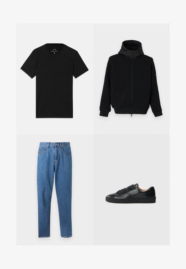 Sort zip-up hættetrøje med ribbet tekstur, en glat hætte og snørre. Har lange ærmer og elastiske manchetter. Foran lynlås lukning.; Sorte t-shirt lavet af bomuld, med korte ærmer, en rund halsudskæring og et mærke med brandlogoet på indersiden af kraven.; Blå straight-leg denimjeans med knap- og lynlåslukning, forlommer og bæltestropper, vist mod en hvid baggrund.; Sorte lædersneakers med en glat overflade, rund tå og snørebåndslukning. Har en tyk gummisål og minimal branddetalje.