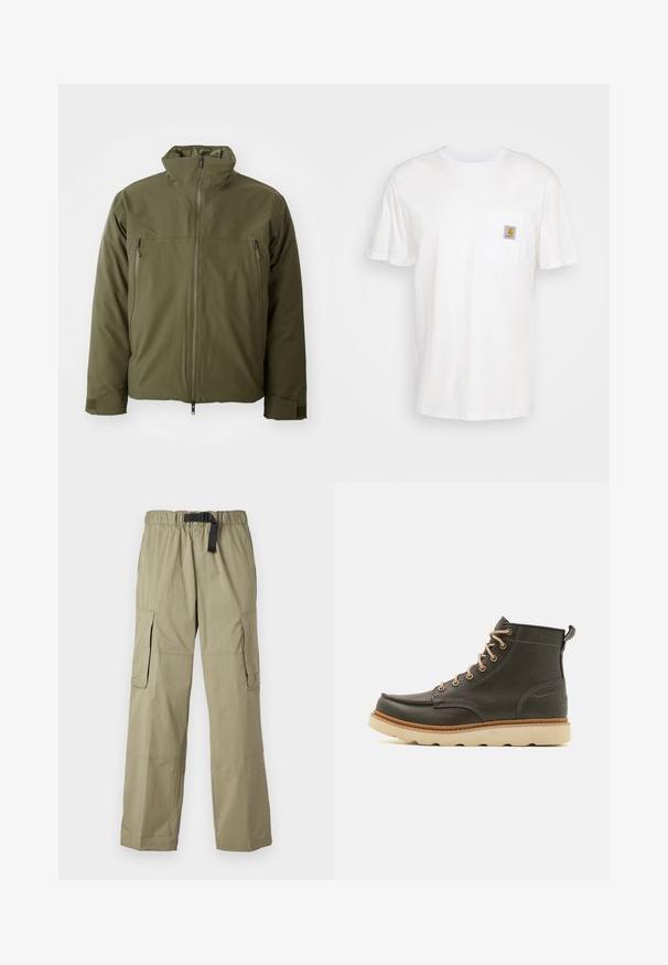 Olivengrøn puffjakke med høj krave, lynlåslukning foran og to lynlåslommer. Har en glat, mat finish og justerbare manchetter.; Hvid bomulds T-shirt med korte ærmer, en brystlomme, og et lille firkantet logo patch i orange og hvid på lommen.; Lyse olivengrønne cargo bukser med elastisk talje og bælte, der har to sidelommer og en glat tekstur, designet til komfort og funktionalitet.; Mørkegrønne læder ankelstøvler med beige snørebånd, polstret krave og tekstureret gummisål. Har vandtætte markeringer og syninger.