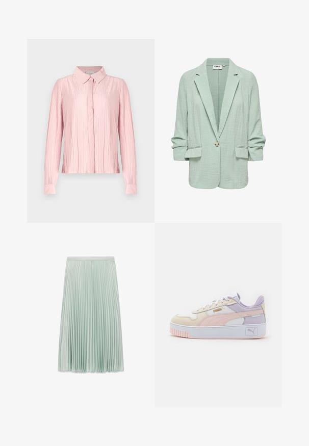 Blazer vert clair texturé à bouton unique, avec revers crantés, manches longues froncées et poches à rabat de chaque côté.; Blouse rose à manches longues avec un col, présentant une texture plissée et un devant à boutons. Tissu lisse avec des poignets contrastants.; Jupe midi plissée vert menthe clair avec une ceinture ajustée et de fines pliures verticales sur tout le tissu.; Baskets pour hommes en crème, rose et lavande, en cuir synthétique, avec des lacets blancs, une épaisse semelle blanche et des accents de logo doré.