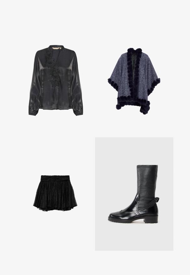 Marineblaues Hahnentritt-Poncho mit Kunstfellbesatz, offener Front und weiten Ärmeln. Strukturierter Stoff mit einem weichen, gemütlichen Aussehen.; Culture CUFIOLA - Bluse - black; Schwarzer Spitzenrock mit plissiertem Design, ausgestattet mit einem taillierten Bund und einer mehrlagigen Tüllunterlage für zusätzlichen Volumen und Textur.; Schwarze Knöchelstiefel mit einem Obermaterial aus glattem Leder, Broguemuster, runder Zehenform und einem Blockabsatz mittlerer Höhe. Verfügt über einen weichen, strukturierten Schaft.