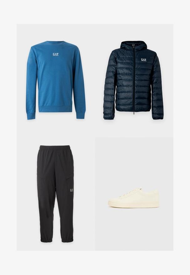 Doudoune matelassée bleu marine avec capuche, fermeture éclair à l'avant et logo EA7 sur la poitrine. Caractérisée par une texture lisse et brillante ainsi que des poignets élastiques.; Sweat-shirt bleu manches longues col rond avec logo blanc "EA7 Emporio Armani" centré sur la poitrine.; Pantalon noir décontracté avec taille et poignets élastiques, poches latérales à rabat et petit logo blanc EA7 Emporio Armani sur la cuisse droite.; Baskets couleur crème avec une tige en cuir lisse, bout arrondi, laçage à l'avant et semelle en caoutchouc texturée. Design minimaliste, sans logo.