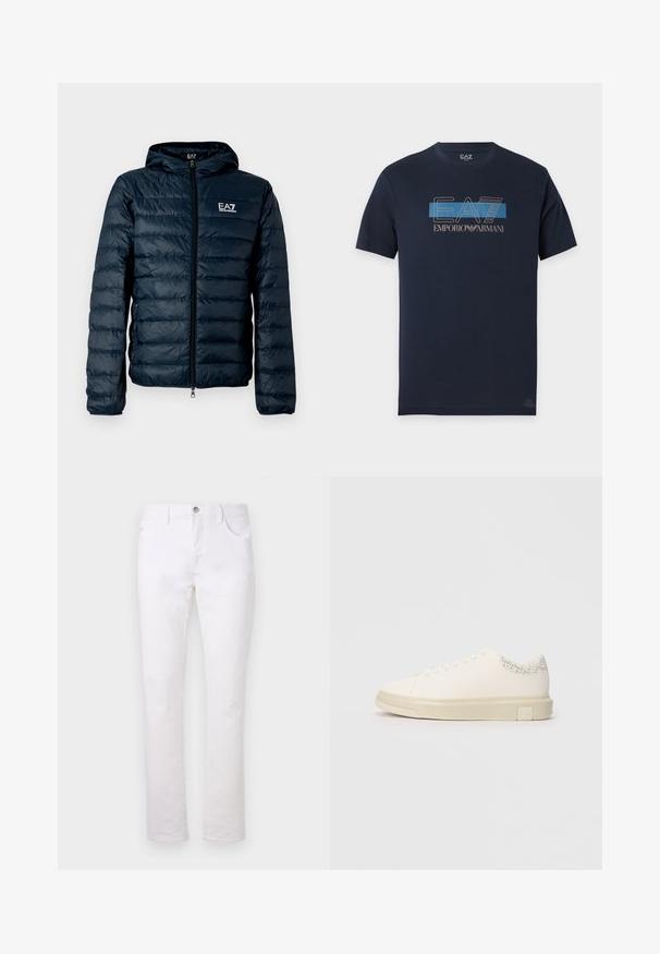 Marineblauwe doorgestikte pufferjack met capuchon, ritssluiting aan de voorkant en EA7-logo op de borst. Heeft een gladde, glanzende textuur en elastische boorden.; Marineblauw T-shirt met ronde hals en korte mouwen, met het "EA7 Emporio Armani" logo in blauw en wit op de borst.; Witte denimjeans met een rechte pijp, voorzien van twee voorzakken, een achterzak en een metalen knoopsluiting in de taille.; Witte sneaker met een gladde canvas bovenkant, platte veters, gevoerde kraag en een gestructureerde grijze accent aan de achterkant. Dikke rubberen zool.