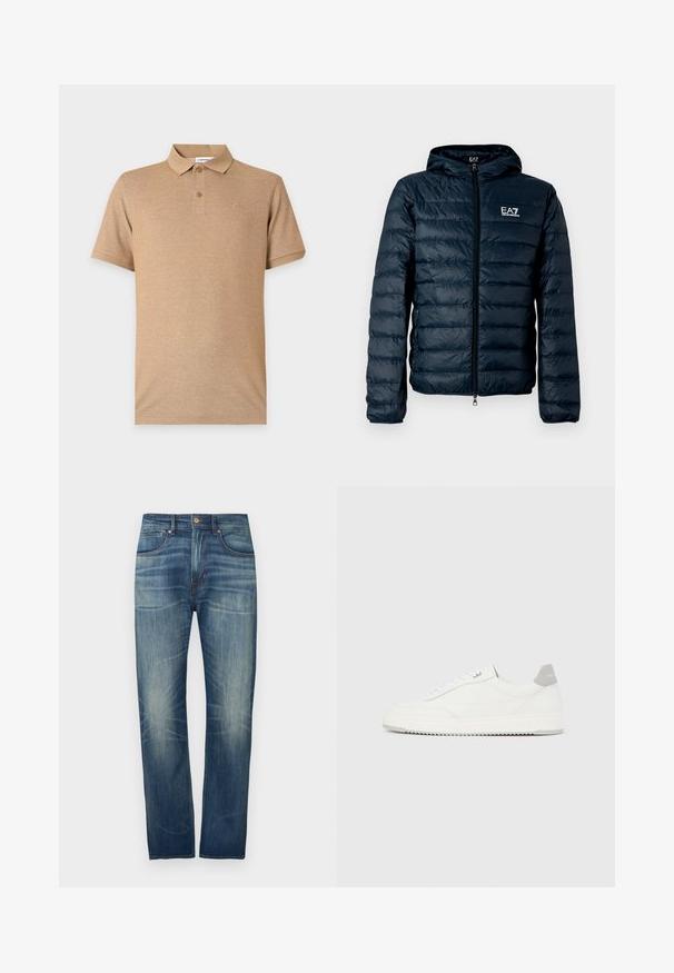 Doudoune matelassée bleu marine avec capuche, fermeture éclair à l'avant et logo EA7 sur la poitrine. Caractérisée par une texture lisse et brillante ainsi que des poignets élastiques.; Polo beige à manches courtes avec deux boutons et un logo brodé discret sur la poitrine gauche, présenté sur un fond uni.; Jean en denim bleu foncé à coupe droite, avec un léger délavage, cinq poches et une fermeture par bouton à la taille.; Baskets basses blanches avec un onglet de talon gris, des lacets blancs et une semelle texturée, présentées sur un fond uni clair.