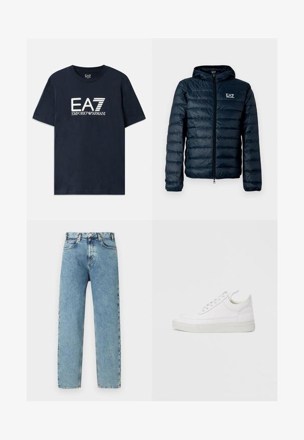 Marineblauwe doorgestikte pufferjack met capuchon, ritssluiting aan de voorkant en EA7-logo op de borst. Heeft een gladde, glanzende textuur en elastische boorden.; Blauwe katoenen T-shirt met korte mouwen en een ronde hals. Voorzien van een prominent wit EA7 Emporio Armani-logo op de voorkant.; Lichtblauwe spijkerbroek met een rechte pijp, vijf zakken en een messing knoopsluiting. De stof heeft een licht gestructureerde, vervaagde uitstraling.; Witte leren sneaker met een afgeronde neus, platte zool en veters aan de voorkant. Voorzien van stikseldetails en een gevoerde kraag voor comfort.