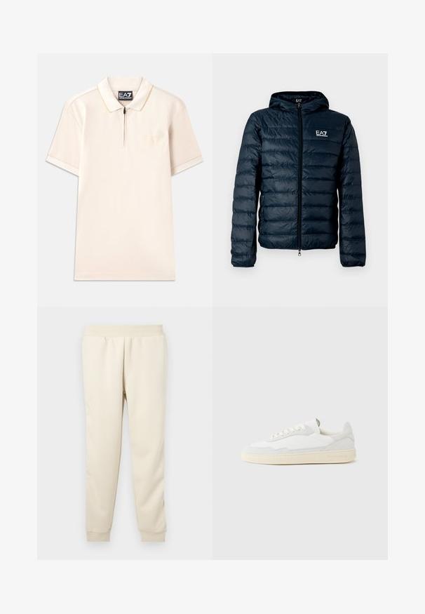 Marineblaue gesteppte Daunenjacke mit Kapuze, Reißverschluss vorne und EA7-Logo auf der Brust. Verfügt über eine glatte, glänzende Textur und elastische Bündchen.; Beige Poloshirt mit kurzen Ärmeln, Reißverschlusskragen und dezentem Logostick. Weicher Stoff mit kontrastierenden Akzenten am Kragen und den Ärmeln.; Helle beige Sweatpants aus weichem Stoff mit taillierter Passform, elastischem Bund und Bündchen an den Knöcheln. Keine sichtbaren Muster oder Akzente.; Weißer Sneaker mit strukturiertem Obermaterial aus Wildleder und Leder. Verfügt über eine runde Zehenpartie, Schnürverschluss und eine kontrastierende beige Gummisohle.