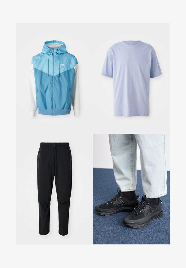 Helles blaues Windbreaker-Jacke mit Kapuze, mit kontrastierenden weißen Ärmeln, Reißverschluss vorne und einem kleinen weißen Logo auf der Brust.; Hellblaues Baumwoll-T-Shirt mit Rundhalsausschnitt und kurzen Ärmeln. Mit einem geprägten "Nike"-Logo auf der Vorderseite in der Mitte. Weicher Stoff.; Schwarze, leichte outdoor Hosen mit elastischem Bund und verstellbarem Zugschnur. Ausgestattet mit Reißverschlusstaschen und tapered Bündchen.; Schwarze Sportschuhe aus strukturiertem Stoff mit Gummisohlen, ausgestattet mit elastischen Schnürsenkeln und einem blauen Akzent an der Ferse. Getragen mit hellen Jeans.