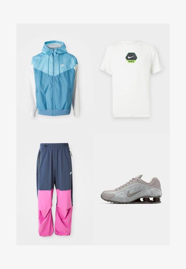 Hele sinine tuulekindel jakk, millel on kapuuts, kontrastsete valgete varrukatega, lukuga esiosa ja väike valge logo rinnal.; Valge lühikeste varrukatega Nike T-särk, millel on rinnal musta ja rohelist tooni kuusnurkse kujuga logo, kus asub Nike logomärk ja tekst.; Sinised ja roosad Nike treeningpüksid elastse vöökoha, lukuga küljetaskute ja valge logoga paremal reiele.; Nike jooksujalats helesinises värvitoonis, sujuva tekstuuri, kaarjate joontega ning tumeda pruuniga nähtavate pehmendavate vedrudega kandade juures.