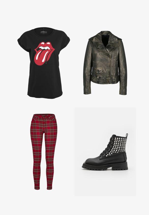 Veste en cuir bronzé métallique avec un col à revers, fermeture éclair asymétrique, poches latérales et taille ceinturée. Fini en cuir texturé.; T-shirt noir en coton avec un motif graphique en rouge et blanc du logo des Rolling Stones représentant des lèvres et une langue sur le devant. Encolure ronde.; Jeans skinny à carreaux rouges avec une coupe ajustée, ornés de lignes jaunes et noires, avec une fermeture à bouton et des poches avant standard.; Bottines noires avec une finition en cuir lisse, ornées de clous argentés sur le côté, d'œillets en métal et d'une semelle crantée épaisse.