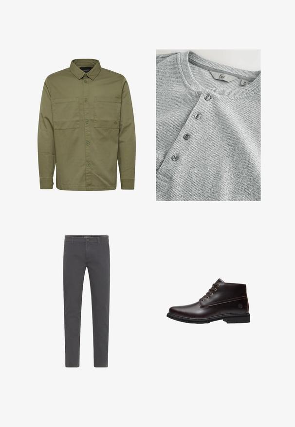 Camisa de manga larga verde oliva con un cierre de botones en el frente, dos bolsillos en el pecho y un cuello. Hecha de una tela suave con botones a juego.; Camisa de punto gris de manga larga con cuello redondo, tapeta de cinco botones, textura acanalada y un diseño ajustado. La etiqueta indica talla M.; Pantalones grises de corte ajustado, elaborados en suave algodón. Presentan un cierre con botón, presillas para cinturón y un diseño limpio y aerodinámico. Sin patrones visibles.; Botín de cuero marrón oscuro con cordones, suela negra y logo sutil de la marca en el lateral, mostrado de perfil sobre un fondo blanco.