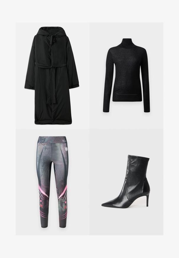 Lang sort polstret frakke med hætte, bindelukning og brede ærmer. Glat tekstur med indsnævret talje og lige kant.; Sort langærmet turtle neck top lavet af letvægtsstof, med en tætsiddende design og minimale sømdetaljer, velegnet til lagdeling.; Tætsiddende leggings i mørkegrå med et prikket mønster, der har pink grafiske detaljer og en høj talje.; Sorte ankelstøvler lavet af glat læder, med spids tå, tætsiddende skaft og en slank høj hæl. Minimalistisk design uden synligt hardware.