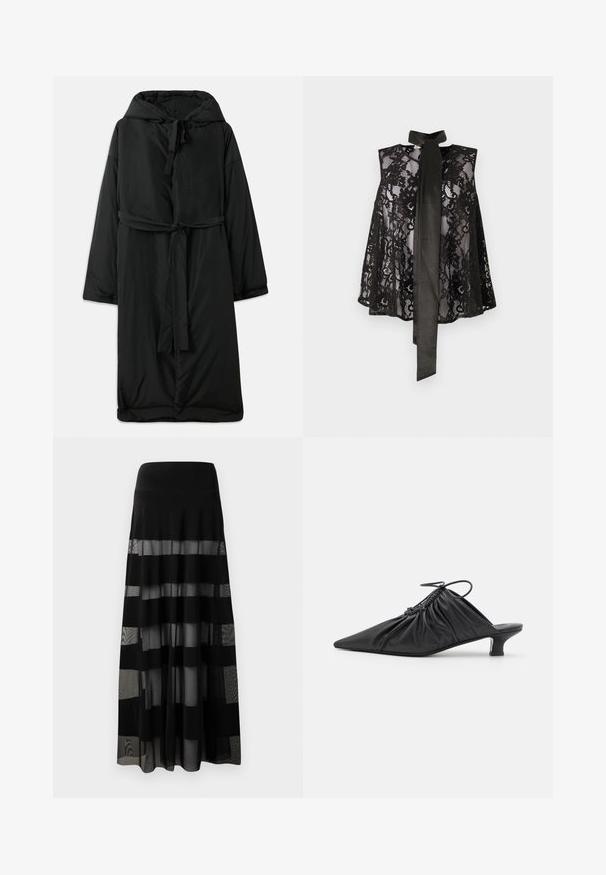 Manteau long noir rembourré avec une capuche, fermeture par lien, et manches larges. Texture lisse avec une taille cintrée et un ourlet droit.; Haut en dentelle noire avec un design sans manches, doté d'un nœud au cou. La dentelle présente des motifs floraux et une texture transparente, créant un look élégant.; Jupe maxi noire avec une taille ajustée, comportant des panneaux transparents et des rayures opaques. Tissu léger avec une texture lisse.; Mules noirs en cuir à enfiler avec un bout pointu, une texture froncée et un petit talon aiguille. Présente un détail à cordon au niveau de l'ouverture.