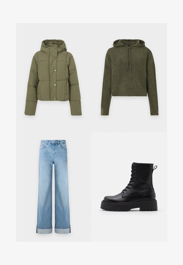 Olivgrüne, kurzgeschnittene Steppjacke mit Kapuze, im gesteppten Design, mit Druckknopfverschluss und Seitentaschen. Weiche, glatte Textur.; Gekürzte, olivgrüne Kapuzenjacke aus strukturiertem Stoff. Verfügt über eine verstellbare Kapuze sowie gerippte Bündchen und Saum. Lange Ärmel, einfaches Design.; Hellblaue weite Jeans im klassischen Denim mit hoher Taille, ausgestattet mit umgeschlagenen Säumen und sichtbaren Nähten.; Schwarze Lederstiefeletten mit runder Zehenpartie, Schnürung vorne und einer dicken Gummisohle mit strukturiertem Profil. Mit Zugschlaufe an der Rückseite.