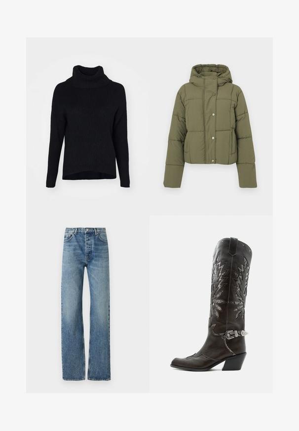 Veste courte en duvet vert olive avec capuche, présentant un design matelassé, une fermeture à boutons-pression et des poches latérales. Texture douce et lisse.; ONLY ONLKATIA SADDLE ROLL NECK - Pullover - black; Jean bleu clair taille haute avec un design à jambe droite, en tissu denim. Caractéristiques classiques avec cinq poches et quincaillerie en argent.; Botte de cowboy en cuir noir avec découpes décoratives, boucle argentée et talon incliné, présentée sur fond blanc.