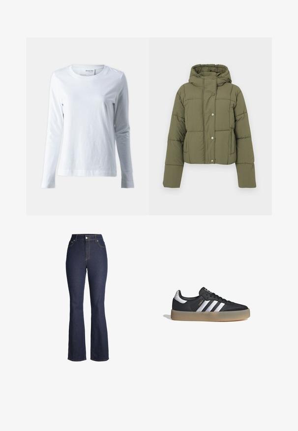 Chaquetón acolchado cortado en verde oliva con capucha, que presenta un diseño acolchado, cierre de botones a presión y bolsillos laterales. Textura suave y lisa.; Camiseta blanca de manga larga hecha de algodón suave. Presenta un cuello redondo y mangas ajustadas. Textura suave con un diseño liso.; Vaqueros de mezclilla azul oscuro de tiro alto con botón y cremallera delanteros, bolsillos delanteros y perneras ligeramente acampanadas.; Zapatilla deportiva de cuero negro con tres rayas plateadas, punta texturizada y suela de goma. Cuenta con un collar acolchado y un diseño con cordones.