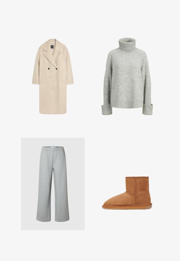 Beige frakke i uldblanding med dobbeltknappet design, hakkede revers og to sidelommer. Lige snit med trekvartærmet.; Lysegrå pullover sweater med høj, ribbestrikket turtleneck og ribbestrikkede manchetter. Den har en blød, struktureret strik og en afslappet pasform.; Lys grå brede bukser lavet af blød stof, med elastisk talje og et simpelt, udekoreret design.; Tan ruskinds ankelstøvle med rund tå, lodrette sømme og en tekstureret gummisål. Har et logo-accent på bagsiden.