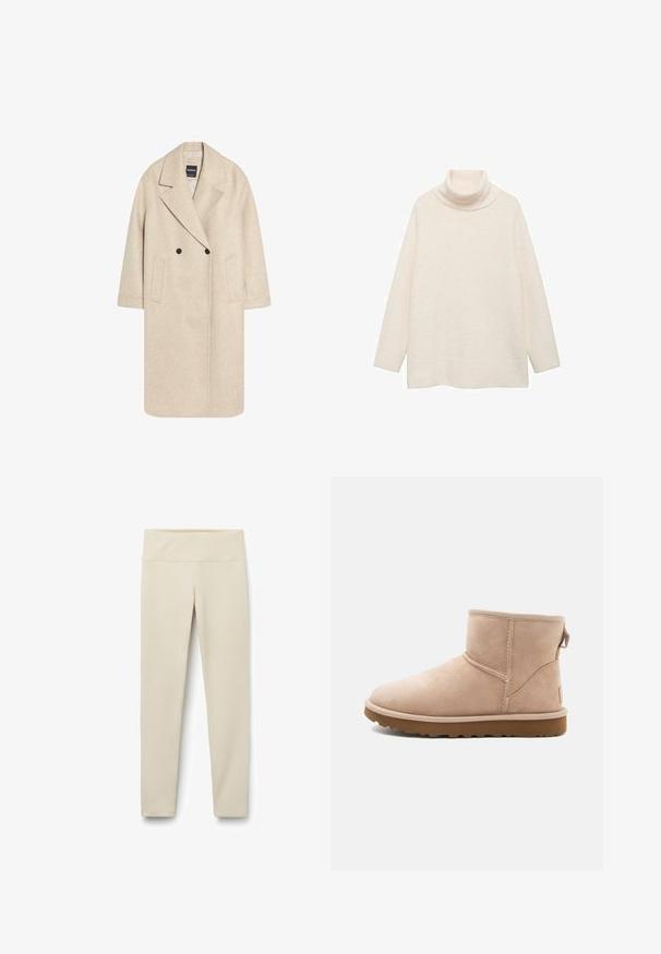 Beige frakke i uldblanding med dobbeltknappet design, hakkede revers og to sidelommer. Lige snit med trekvartærmet.; Cremefarvet turtleneck sweater lavet af blødt, struktureret stof. Har lange ærmer og en løs, afslappet pasform. Enkel design uden mønstre.; Beige leggings med en høj, bred talje, lavet af et blødt, strækbart stof. Lige ben-design uden synlige sømme eller mønstre.; Beige ruskindsankelstøvle med rund tå, synlige sting og en tekstureret brun gummisål. Har en træksløjfe på bagsiden.