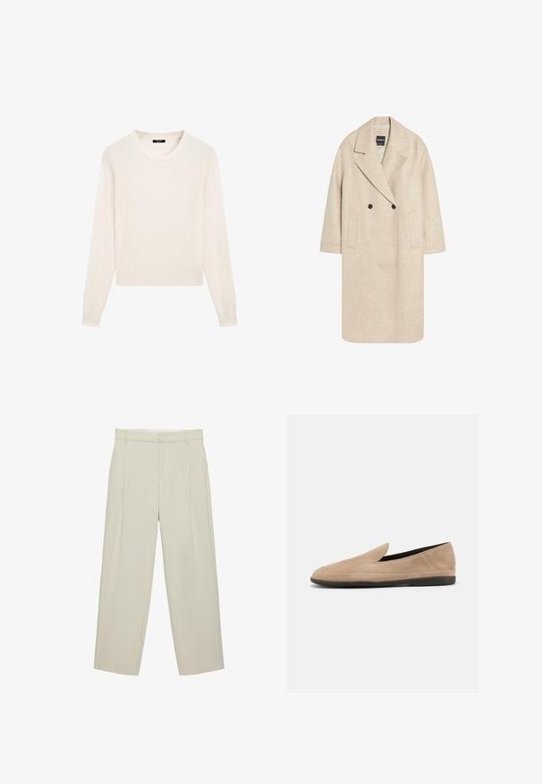 Beige frakke i uldblanding med dobbeltknappet design, hakkede revers og to sidelommer. Lige snit med trekvartærmet.; Kremfarvet sweater lavet af blødt stof med rund halsudskæring, lange ærmer og en kortet kant. Enkel og minimalistisk design.; Beige højtaljede skræddersyede bukser med sidelommer, bæltestropper og lynlås foran, i en rette bukseben pasform.; Beige ruskind slip-on loafer med sort sål, lav hæl og rund tå, vist fra siden på hvid baggrund.