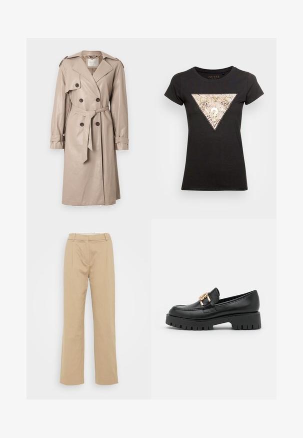 Beige læder trenchcoat med dobbeltradet front, bælte i taljen, skulderepåletter og lange ærmer med justerbare manchetter.; Sort t-shirt med korte ærmer, med et metallic leopardprint trekant design og "GUESS" logo, rund halsudskæring og fitted silhuet.; Beige vidde bukser lavet af et tekstureret stof, med en mellemhøj talje, frontfolder og et strømlinet design.; Sorte læder loafers med en kraftig sål og guldhardware; har rund tå og syede detaljer langs overdelen.