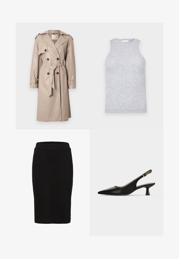 Beige læder trenchcoat med dobbeltradet front, bælte i taljen, skulderepåletter og lange ærmer med justerbare manchetter.; Grå ærmeløs top lavet af et tekstureret strikket stof, med en rund halsudskæring og en kontrastfarvet kant rundt om halsen.; Sort knælang pencilskørt med en tætsiddende linning og glat stof, vist mod en hvid baggrund.; Sort, spids slingback-sko med lav hæl, guldfarvet spænde over vristen og udsvinget hæl, vist på en ensfarvet lys baggrund.