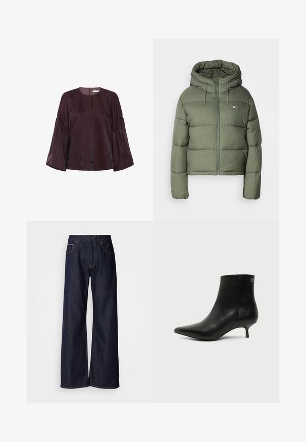 Olijfgroene pufferjack met capuchon; gevoerd ontwerp; voorkant met rits; heeft een klein logo op de linkerkant van de borst; gestructureerde stof.; Bordeaux, blouse met lange mouwen en een ronde halslijn, met gegolfde mouwen en een subtiele glans. Voorzien van een rits aan de achterkant.; Wijde donkerdenim jeans met een hoge taille, voorzien van steekzakken en subtiele stiksels. Glad textuur met een klassieke snit.; Zwart leren enkellaars met puntige neus en lage kittenhak op lichte achtergrond, zijaanzicht buitenkant.