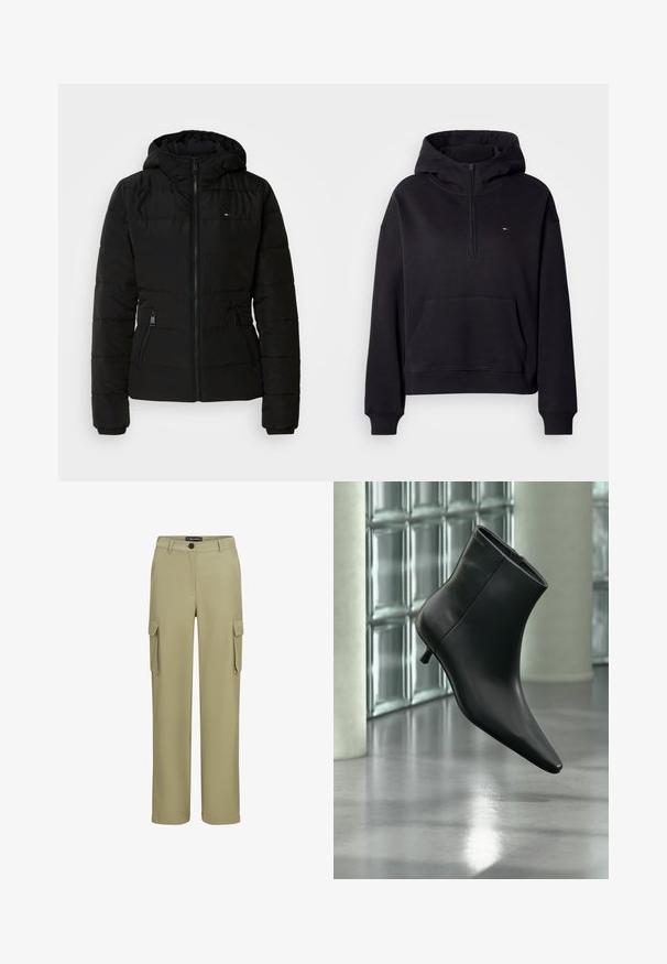Chaqueta acolchada negra con capucha, con acolchado horizontal, dos bolsillos laterales con cremallera y puños elásticos. Logo de la marca en el pecho.; Sudadera negra con cremallera hecha de una suave mezcla de algodón. Presenta un bolsillo frontal, puños acanalados y un emblema con el logo en el pecho.; Pantalones cargo caquis fabricados con un tejido suave. Presentan dos bolsillos laterales y un cierre de botón. Diseño de pierna recta con un acabado ajustado.; Botín negro de cuero con punta puntiaguda y tacón bajo estilo kitten, mostrado en ángulo sobre un suelo pulido y con una pared de bloques de vidrio de fondo.