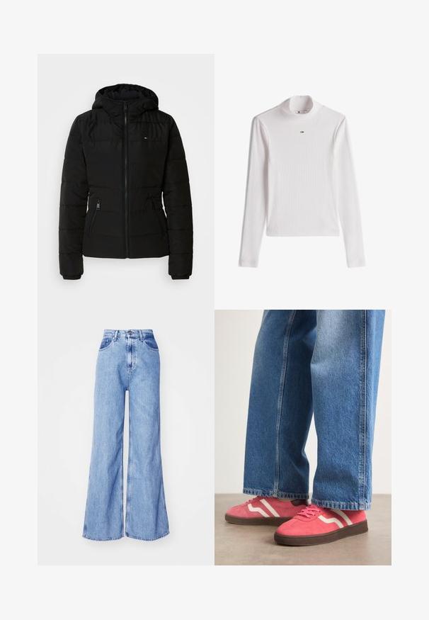 Chaqueta acolchada negra con capucha, con acolchado horizontal, dos bolsillos laterales con cremallera y puños elásticos. Logo de la marca en el pecho.; Camiseta blanca de canalé con cuello alto de manga larga y un pequeño logo de Tommy Hilfiger centrado debajo del cuello.; Jeans de mezclilla de pierna ancha en un azul claro, con una cintura alta, bolsillos frontales y costuras cosidas. La tela tiene una ligera textura típica de la mezclilla.; Zapatillas de ante rosa con rayas blancas onduladas y suelas de goma marrón, combinadas con unos vaqueros de pierna ancha de color azul claro.