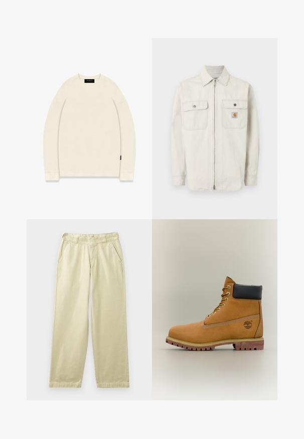 Veste beige clair à fermeture éclair avec des rayures verticales discrètes, deux poches poitrine à bouton, et un petit logo Carhartt sur la poche droite.; Pull-over en tricot long en couleur écru avec un motif en maille texturé, col rond large et étiquette de marque sur la manche gauche.; Pantalon en coton beige à coupe décontractée, avec poches latérales, passants pour ceinture et jambes droites. Texture lisse avec des détails de couture minimaux.; Bottine en cuir marron avec col noir, lacets jaunes et semelle beige. Présente un logo et des détails de couture blanche. Semelle extérieure à traction robuste.
