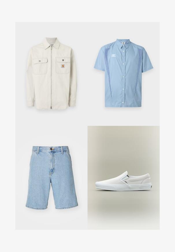 Lichtbeige jas met ritssluiting, subtiele verticale strepen, twee borstzakken met knopen en een klein Carhartt-logo op de rechterzak.; Lichtblauw overhemd met korte mouwen en knopen, met dunne verticale strepen, contrasterende zijpanelen en een wit Umbro-logo op de linkerborst.; Lichtblauwe denim shorts met een relaxte pasvorm, voorzien van een ritssluiting, knoopsluiting en vier zakken. De stof heeft een zachte textuur.; Witte Vans slip-on sneaker met rubberen zool en elastische zijstukken, getoond tegen een effen achtergrond.