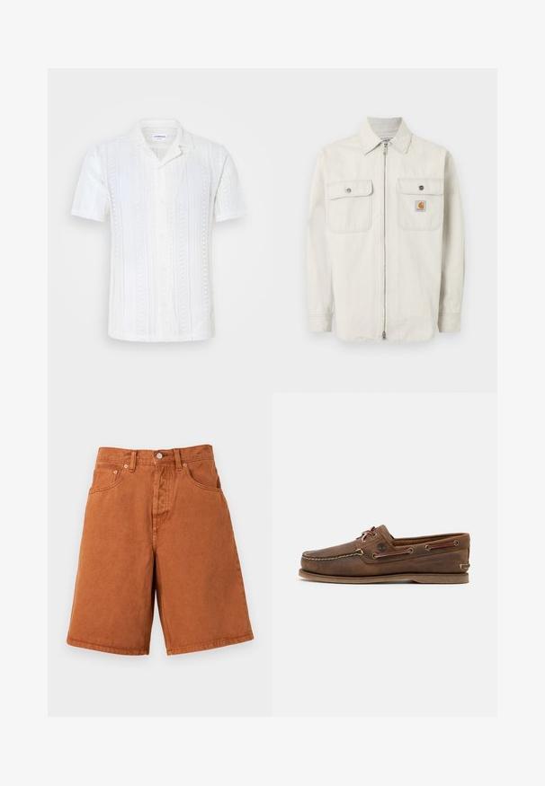 Lysebeige jakke med lynlås og diskrete lodrette striber, to brystlommer med knaplukning og et lille Carhartt-logo på den højre lomme.; Hvid kortærmet skjorte lavet af tekstureret strikket stof. Har en camp-krave, knaplukning og lodrette striber.; Rustfarvede denimshorts med frontknap, lynlås, bæltestropper og to forlommer på en hvid baggrund.; Brune læder båd sko med beige syninger, rund tå og snøre detaljer. Flad gummisål og sideøjer til ventilation.