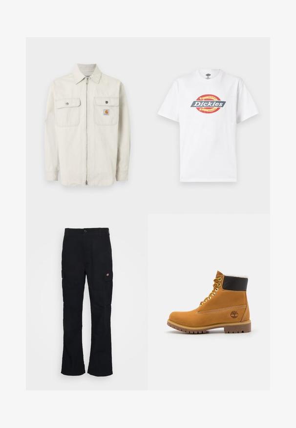 Hellbeige Jacke zum Hochziehen mit feinen vertikalen Streifen, zwei Brusttaschen mit Knöpfen und einem kleinen Carhartt-Logo auf der rechten Tasche.; Weißes Baumwoll-T-Shirt mit einem mehrfarbigen, runden Logo und dem Schriftzug "Dickies" in fetten Buchstaben. Kurzärmlig, Rundhalsausschnitt und glatte Textur.; Schwarze Cargo-Hose mit geradem Bein, aus strapazierfähigem Stoff gefertigt, mit Seitentaschen und einem aufgenähten Logo auf der linken Seite.; Braune Leder-Ankle-Boots mit Metallösen, weißem Kunstfellfutter, schwarzem gepolstertem Kragen, robustem Sohlenprofil und geprägtem Logo an der Seite.