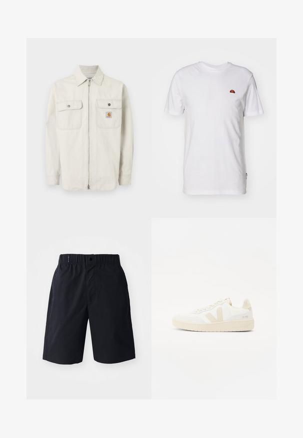 Lichtbeige jas met ritssluiting, subtiele verticale strepen, twee borstzakken met knopen en een klein Carhartt-logo op de rechterzak.; Eenvoudig wit T-shirt met korte mouwen met een klein rood-oranje halve cirkel logo op het bovenste linkerborstgedeelte.; Zwarte shorts van lichtgewicht stof, met een rechte voorkant, een elastische tailleband en zijzakken. Eenvoudig ontwerp zonder patronen.; Witte sneaker met beige accenten, voorzien van een gestructureerde bovenkant, ronde neus en een dikke rubberen zool. Het ontwerp bevat het iconische V-logo en merkbranding.