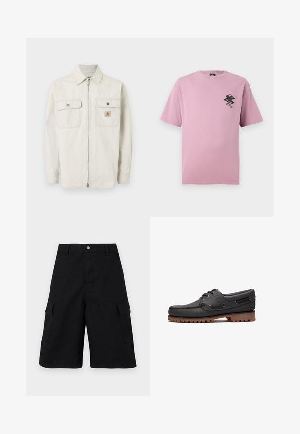 Lysebeige jakke med lynlås og diskrete lodrette striber, to brystlommer med knaplukning og et lille Carhartt-logo på den højre lomme.; Lyselilla t-shirt med korte ærmer og et lille, forvrænget sort og orange logo på venstre bryst.; Svarte cargo shorts lavet af slidstærkt stof. Indeholder to sidelommer, en lynlåsgylp og en simpel talje med en metalknap.; Sort læder bådsko med snøredetaljer, rund tå, struktureret brun gummisål og sydd læderside.