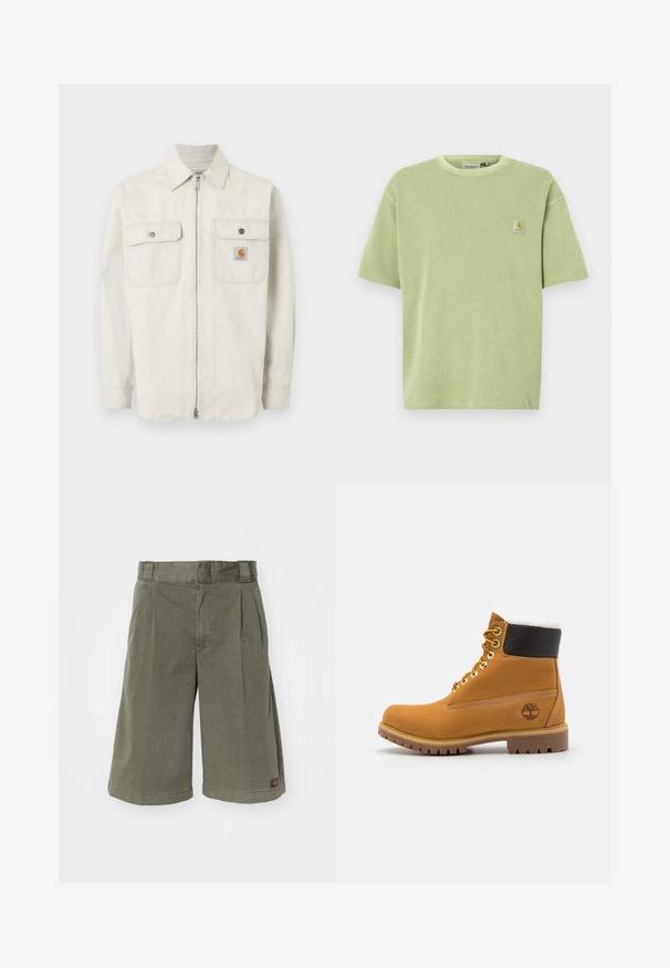 Chaqueta beige claro con cremallera, con sutiles rayas verticales, dos bolsillos en el pecho con botones y un pequeño logo de Carhartt en el bolsillo derecho.; Camiseta de color verde claro, de manga corta, con textura acanalada y parche con logo en el pecho. Corte holgado y cuello redondo.; Pantalones cortos de color verde oliva, fabricados con una mezcla de algodón. Presentan pliegues y un corte recto, con una pequeña etiqueta de la marca en el lateral.; Botín de cuero marrón con ojales de metal, forro de piel sintética blanca, cuello acolchado negro, suela resistente y logotipo en relieve en el costado.