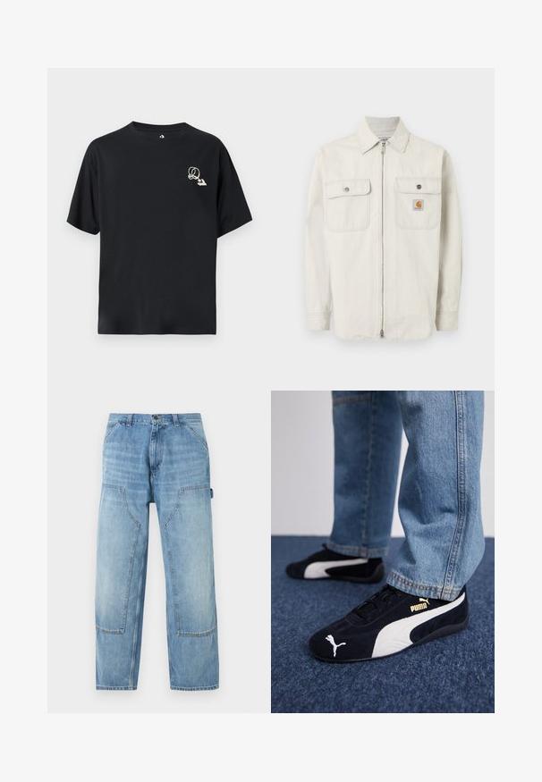 Veste beige clair à fermeture éclair avec des rayures verticales discrètes, deux poches poitrine à bouton, et un petit logo Carhartt sur la poche droite.; T-shirt en coton noir avec une coupe décontractée, manches courtes, et un petit logo graphique contrastant sur le côté gauche de la poitrine. Col rond classique.; Pantalon de charpentier en denim bleu clair avec de grandes poches plaquées à l'avant et une boucle porte-marteau sur le côté droit, coupe droite.; Baskets en daim noir avec accents blancs, arborant un logo doré. Portées avec un jean en denim bleu clair et posées sur une surface bleue texturée.