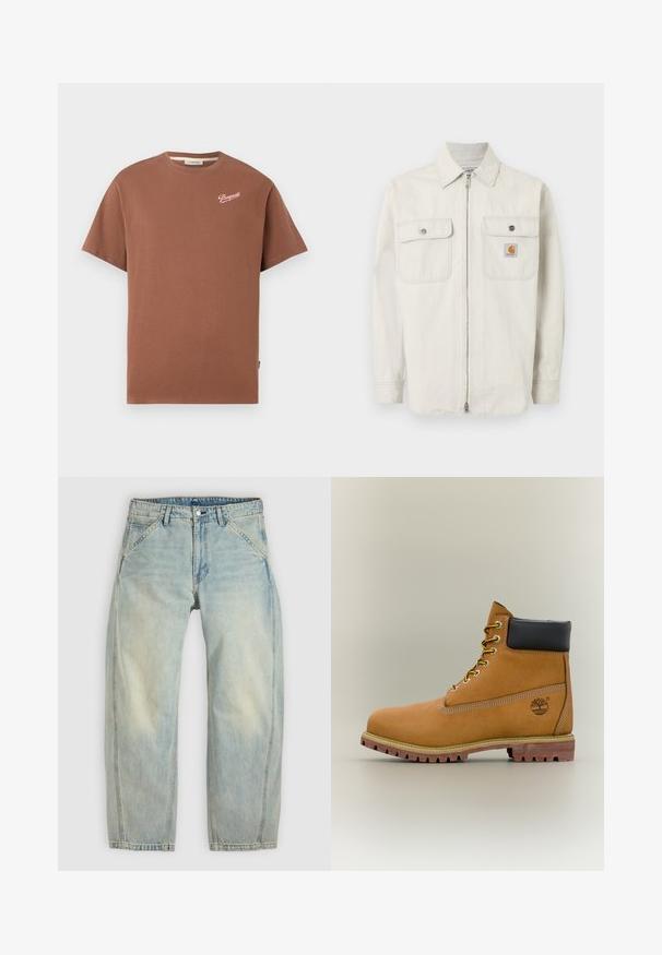 Lichtbeige jas met ritssluiting, subtiele verticale strepen, twee borstzakken met knopen en een klein Carhartt-logo op de rechterzak.; Bruine T-shirt met korte mouwen en ronde hals, met het "Pompeii" logo in witte schrijfletters op de bovenste linkerkant van de borst.; Lichtblauwe jeans met wijde pijpen, gemaakt van denim. Heeft vijf zakken, een knoopsluiting en vervaagde plekken voor een versleten uitstraling.; Bruine leren enkellaars met zwarte kraag, gele veters en een zandkleurige zool. Voorzien van een logo en witte stikseldetails. Robuuste loopzool met grip.