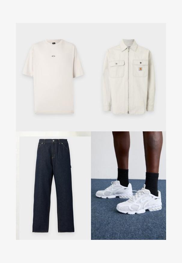 Lichtbeige jas met ritssluiting, subtiele verticale strepen, twee borstzakken met knopen en een klein Carhartt-logo op de rechterzak.; Oakley RISE TEE - T-shirt basic - mist; Donkerblauwe rechte spijkerbroek met voorzakken, riemlussen en een knoopsluiting in de taille tegen een effen achtergrond.; Witte sportieve schoenen met een bovenkant van mesh, gemêleerde accenten en een gevoerde zool. Samengesteld met zwarte geribde enkelsokken op een blauwe tapijtvloer.