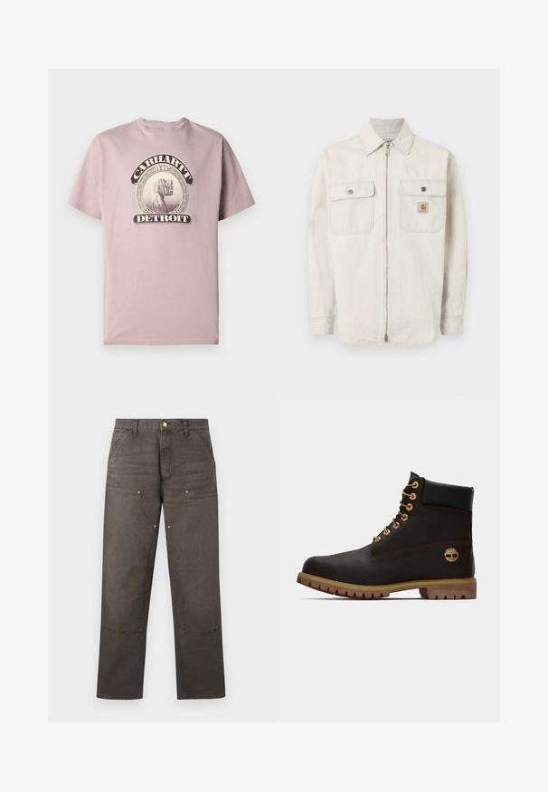 Lysebeige jakke med lynlås og diskrete lodrette striber, to brystlommer med knaplukning og et lille Carhartt-logo på den højre lomme.; Lyserød bomulds-T-shirt med rund hals og korte ærmer, der har et vintage-inspireret grafisk design med "Carhartt WIP Detroit."; Brune arbejdstøj med lige ben, forstærkede knælapper, forlommer, bæltestropper og knappelukning.; Sorte læder ankelstøvle med gyldne øjer, brune detaljer og gummisål. Har en polstret krave og præget logo på siden.