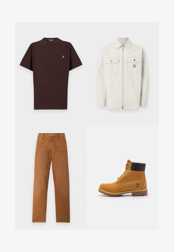 Veste beige clair à fermeture éclair avec des rayures verticales discrètes, deux poches poitrine à bouton, et un petit logo Carhartt sur la poche droite.; T-shirt en coton marron à manches courtes, col rond, logo sur la poitrine gauche en orange et rouge, ourlet droit et coupe décontractée.; Pantalon marron à jambes droites avec passants de ceinture, poches avant et fermeture à bouton, présenté sur un fond clair uni.; Bottine en cuir brun avec œillets en métal, doublure en fourrure blanche, col rembourré noir, semelle robuste et logo en relief sur le côté.