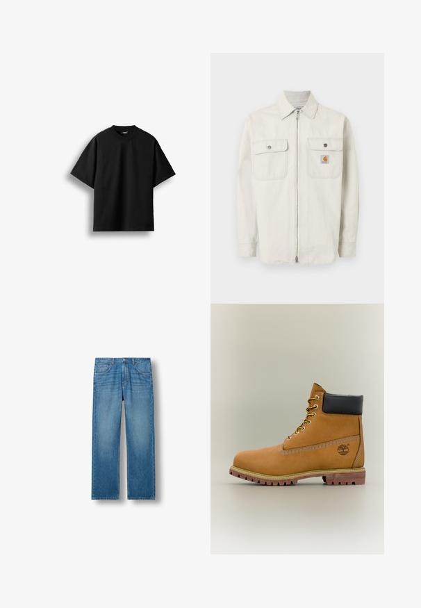 Lysebeige jakke med lynlås og diskrete lodrette striber, to brystlommer med knaplukning og et lille Carhartt-logo på den højre lomme.; Sort T-shirt med korte ærmer og rund hals, lagt fladt mod en hvid baggrund med en synlig lille nakkemærke.; Blå denimjeans med lige snit. Funktioner inkluderer fem lommer, bæltestropper og en slidset finish, der fremhæver de lysere blå nuancer.; Brun læderankelstøvle med sort krave, gule snørebånd og tanfarvet sål. Har logo og hvide syninger som detalje. Robust ydersål med greb.