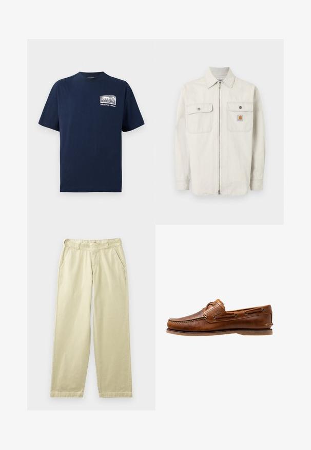 Svetlo béžová bunda na zips s jemnými vertikálnymi pruhmi, dvoma vreckami na hrudi so zapínaním na gombíky a malým logom Carhartt na pravom vrecku.; Námornícky bavlnený tričko s guľatým výstrihom. Na prednej strane sa nachádza biely grafický dizajn s textom "Giochi Invernali" v obdlžnikovom tvare. Krátke rukávy.; Béžové bavlnené nohavice s voľným strihom, vybavené bočnými vreckami, pútkami na opasok a rovnými nohavicami. Hladká textúra s minimálnymi detailmi švov.; Hnedé kožené lodné topánky s prešitými detailmi, s kovovými očkami, vyvýšeným švom na špičke a plochou gumovou podrážkou.