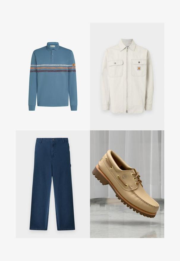 helebeežist beige tõmblukuga jakk peenikeste vertikaalsete triipudega, kahe nööbitava rinnataskuga ja väikese Carhartti logoga paremal taskul.; Sinine pika varrukaga polo särk, millel on kolm nuppu, valged, oranžid ja pruunid horisontaalsed triibud rinna peal ning ümmargune nahkpaar vasakul varrukal.; Tumesinised sirge lõikega sametpüksid vöökäppadega, ees nupuga, lukuga kinnitusega ja küljetaskutega.; Heled pruun nahast paadiking, millel on paks ja sooneline tald ning nöördetailid, hõljuv marmorist põranda ja valgete vertikaalsete kardinate taustal.