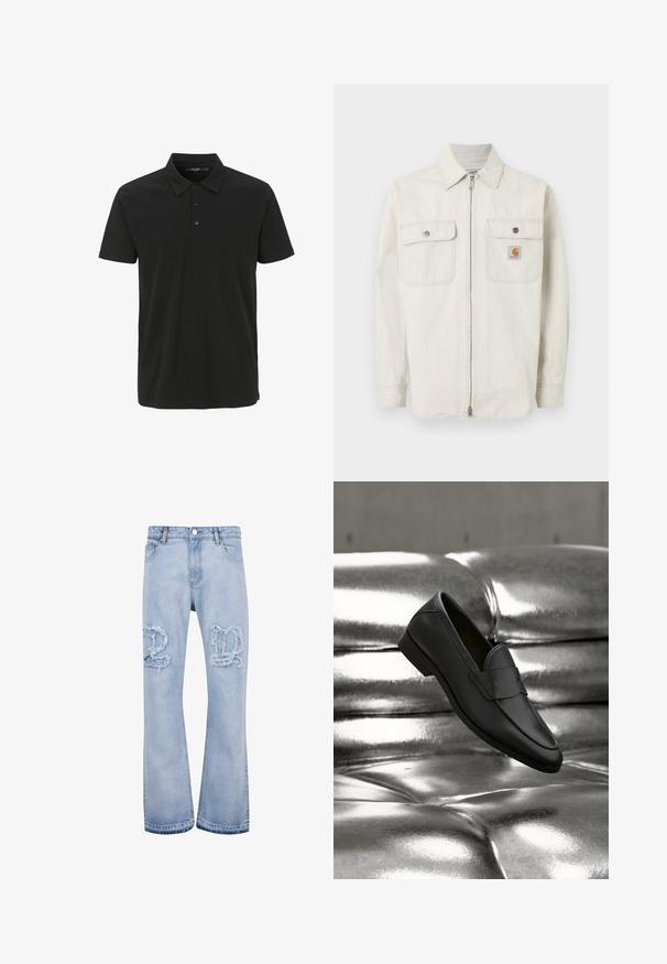 Lysebeige jakke med lynlås og diskrete lodrette striber, to brystlommer med knaplukning og et lille Carhartt-logo på den højre lomme.; Sort polo-shirt lavet af bomuld, med krave, tre-knaps placket og korte ærmer. Glat tekstur med minimalistisk design.; Lyseblå denim flared jeans med slidte detaljer, der har store, frynset lapper på knæene og en standard fem-lomme design.; Sort lædersko uden snørebånd, der svæver over en skinnende sølvfarvet polstret lædersofa i et neutralt miljø.